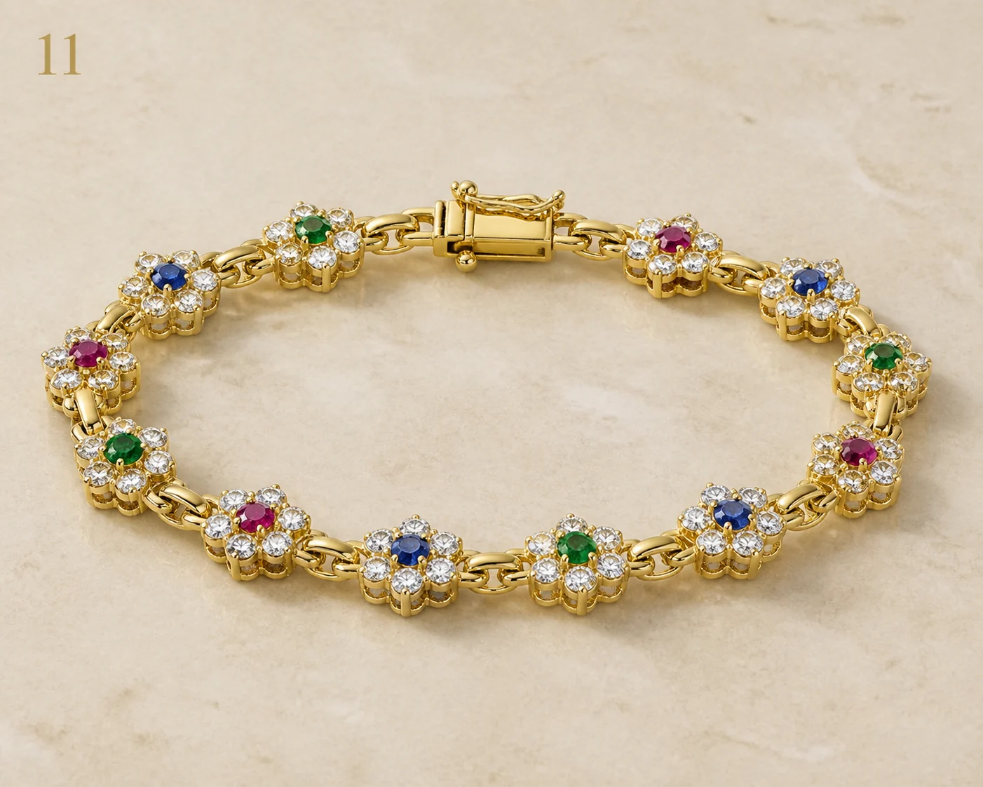 Gemstone cluster bracelet with diamonds, emeralds, sapphires, and rubies