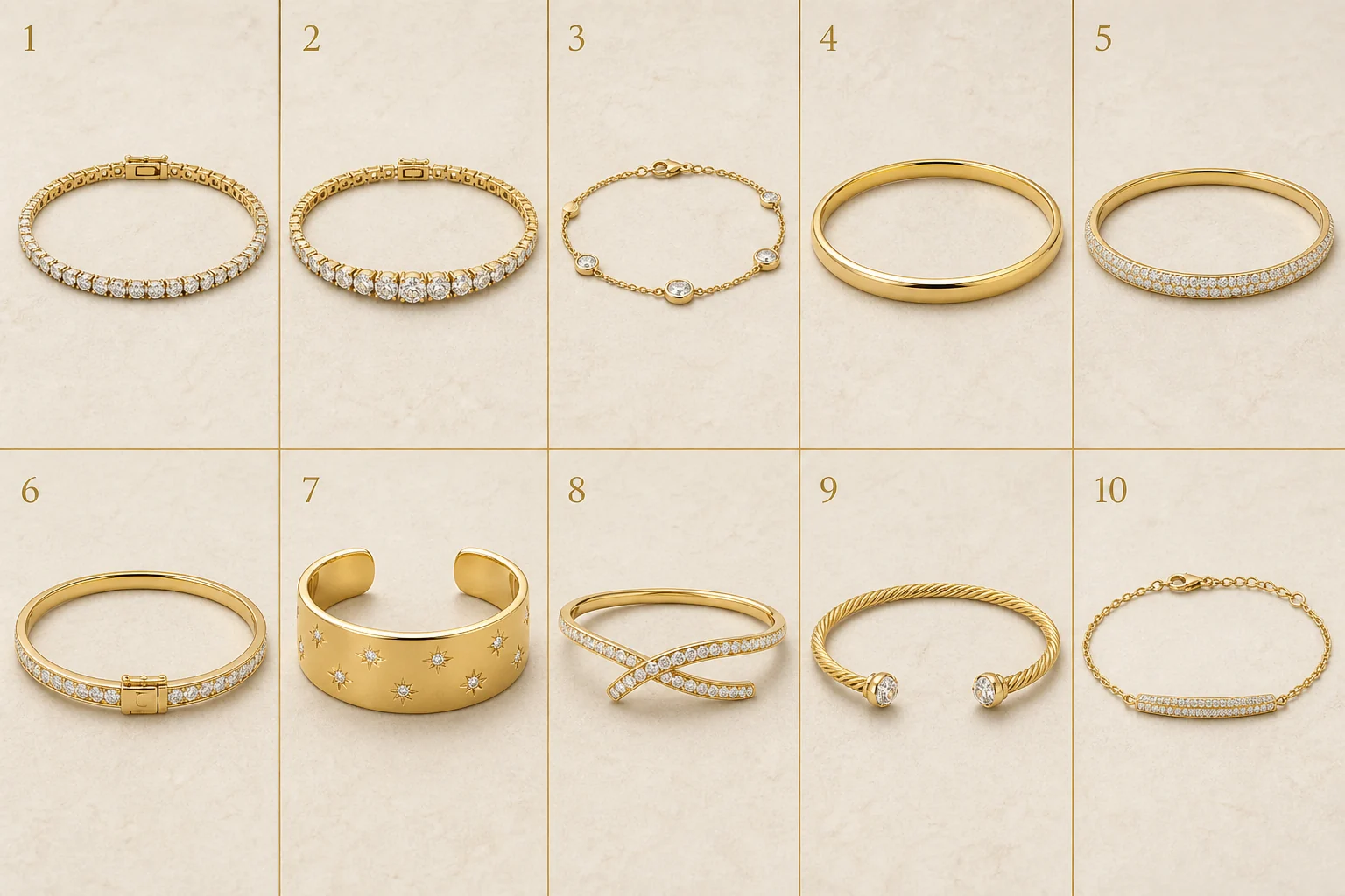 Ten structured and diamond bracelet styles arranged in a numbered visual guide