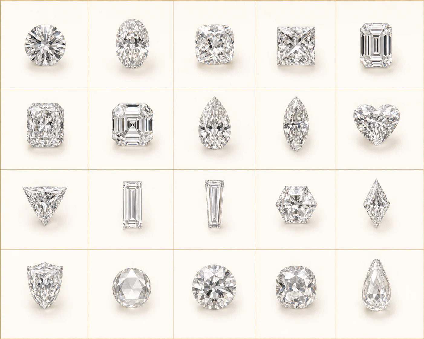 Twenty distinct diamond cuts arranged in a five-by-four visual reference