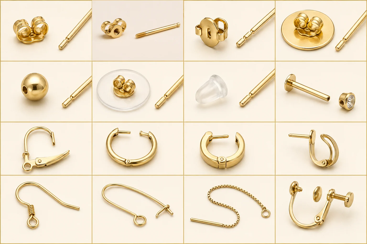 Sixteen earring backs and closure mechanisms arranged in a visual reference