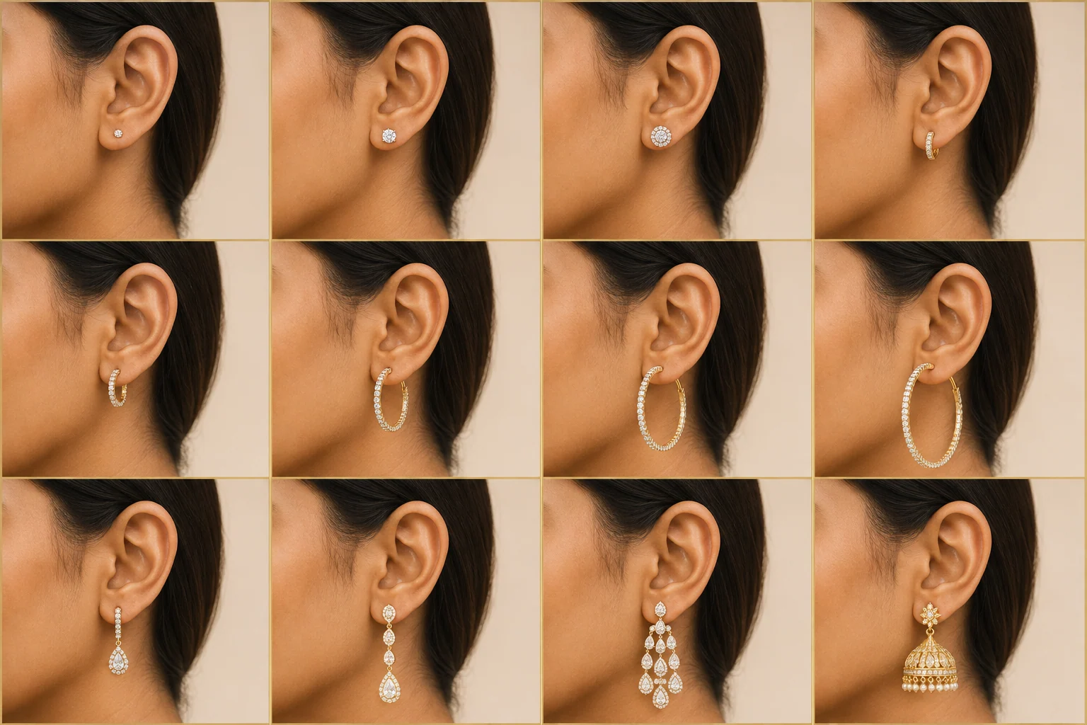 Studs, diamond hoops, drops, chandeliers, and jhumkas shown at different sizes on the same ear