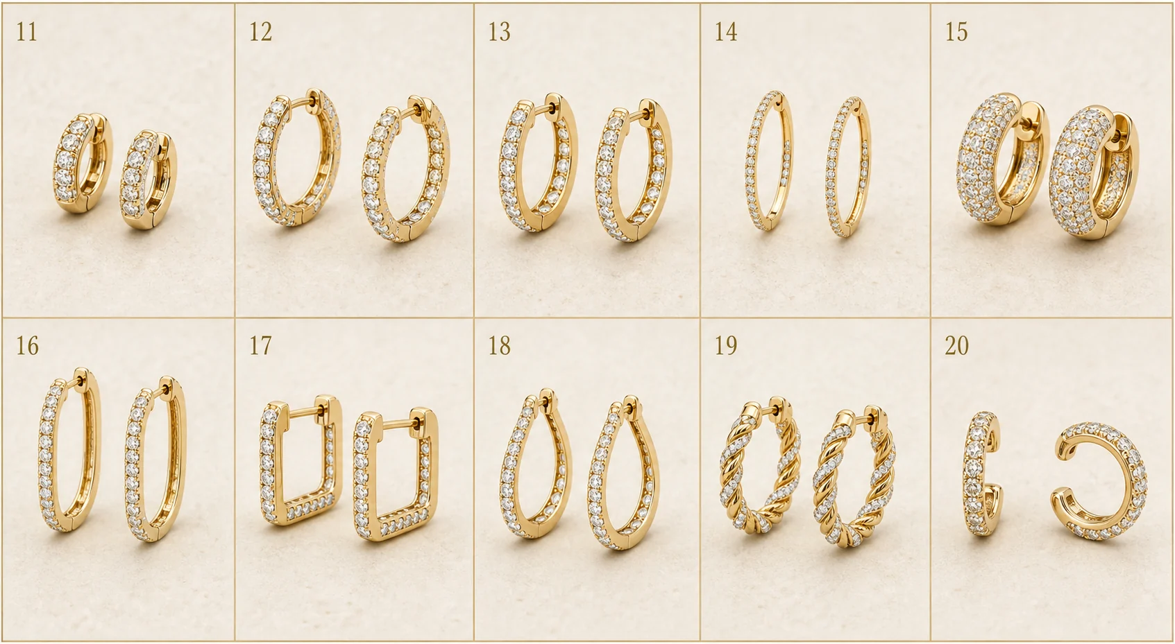 Ten diamond hoop and curved earring styles arranged in a numbered visual guide