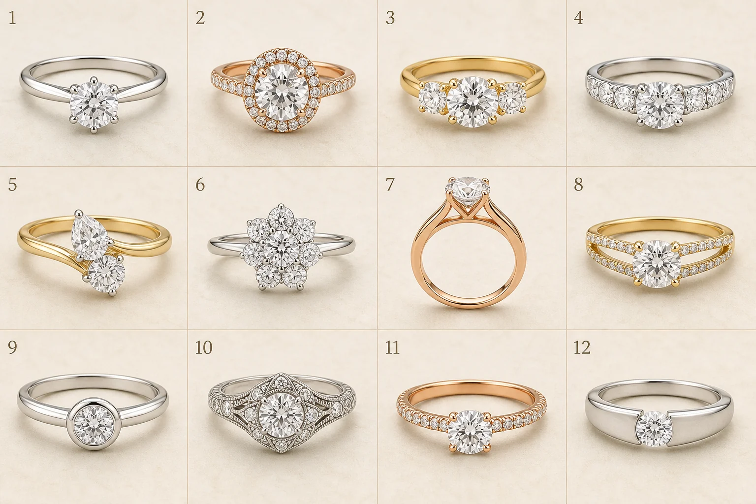 Twelve engagement-ring styles arranged in a numbered visual guide