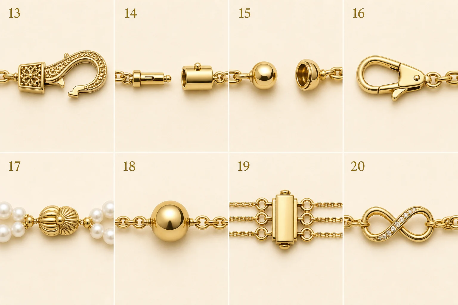 Numbered comparison of eight specialty and decorative jewelry clasp concepts