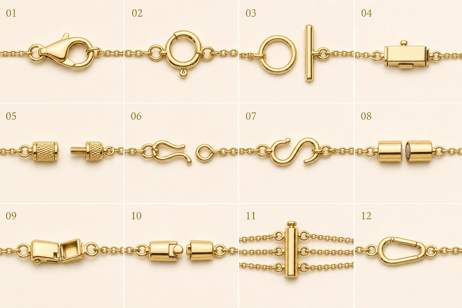 Twelve useful jewelry chain and bracelet clasps arranged in a numbered visual guide