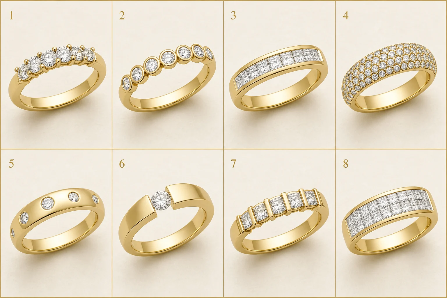 Eight gemstone setting methods shown side by side
