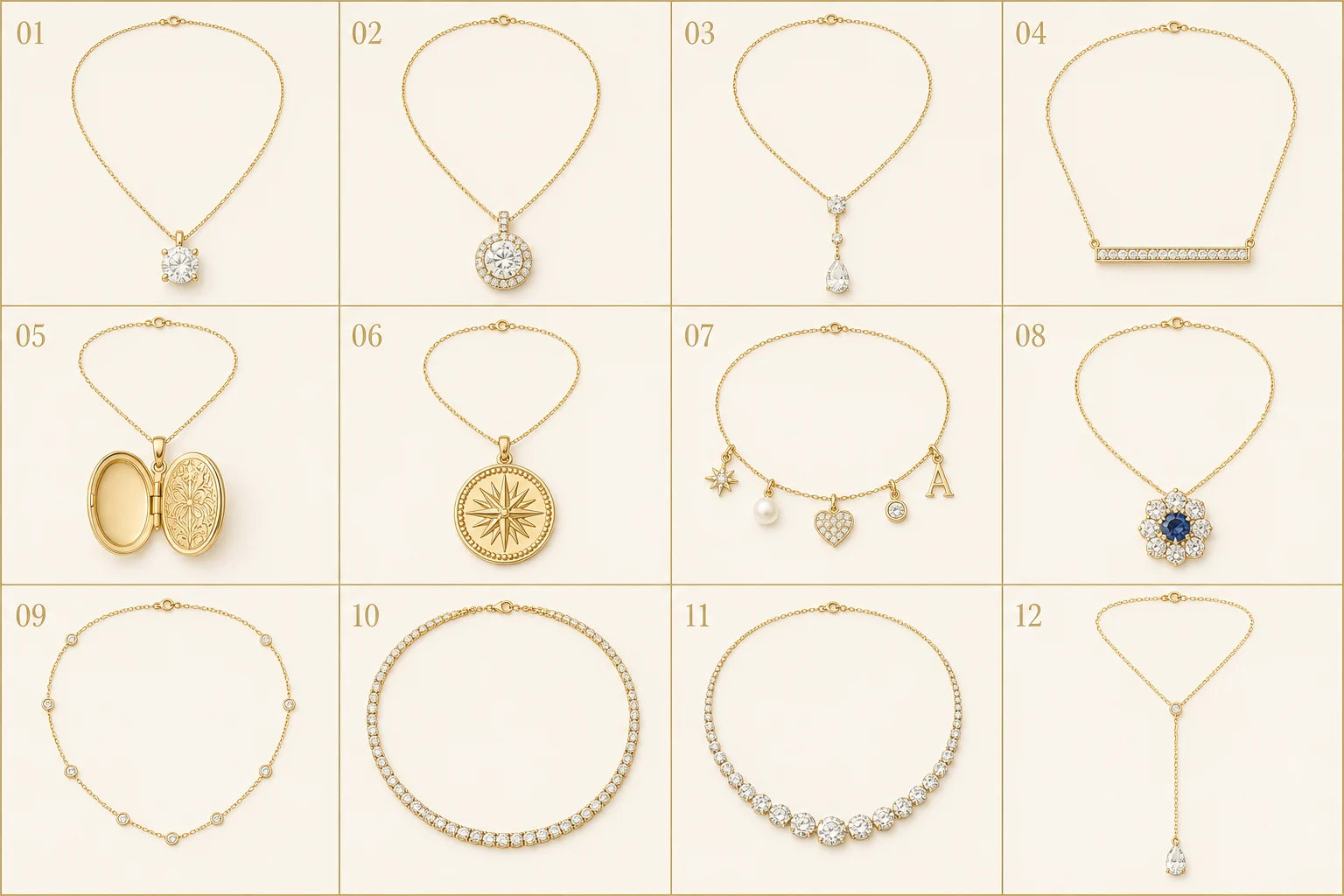 Twelve necklace styles arranged in a numbered visual guide