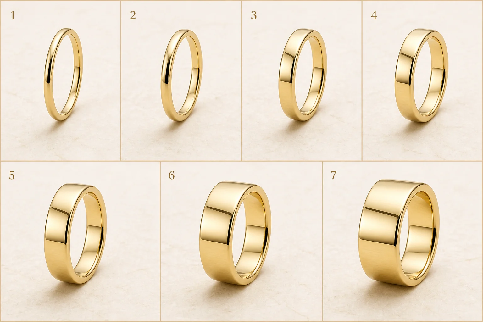 Plain gold bands shown in progressively wider proportions
