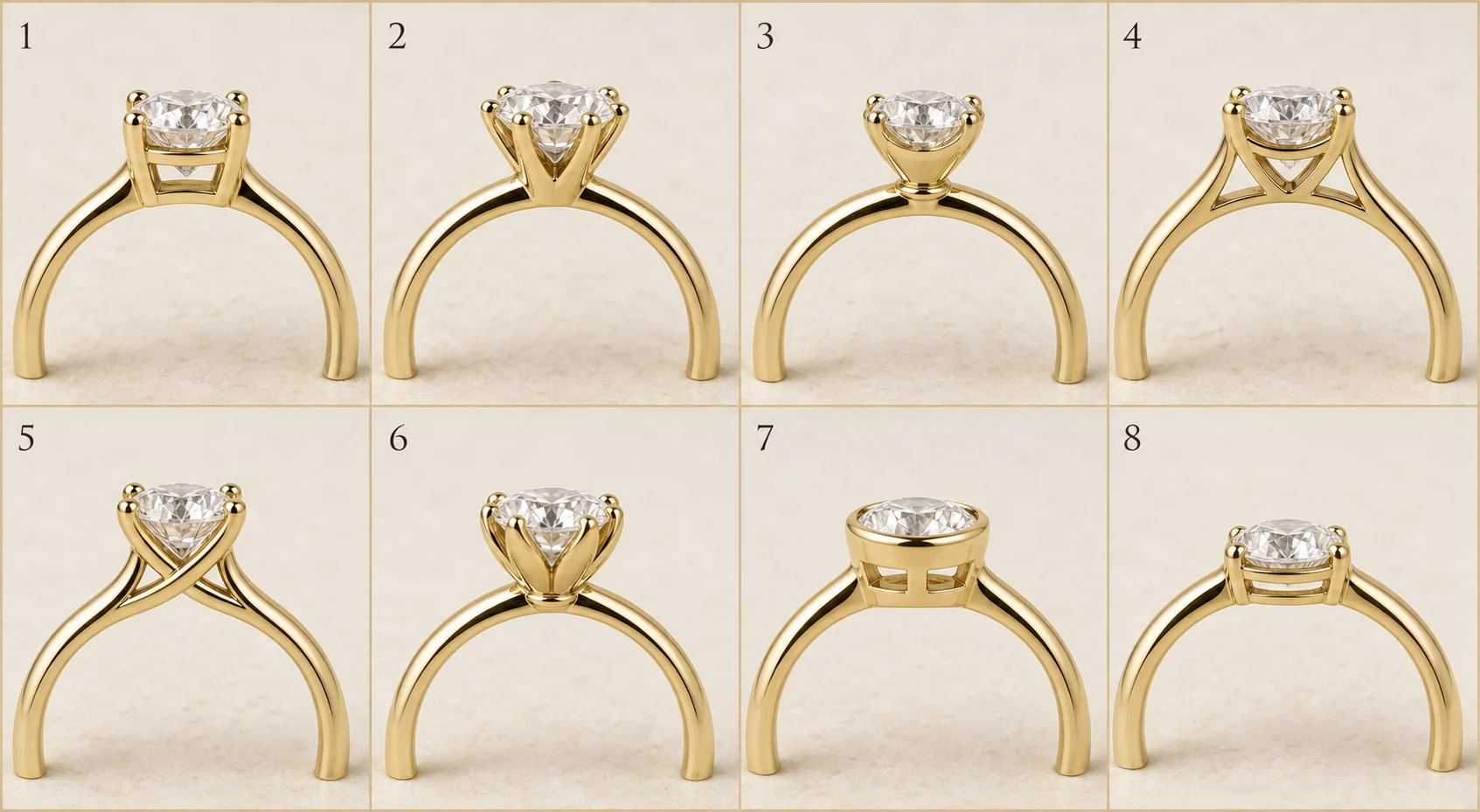 Eight solitaire ring head structures shown from the side
