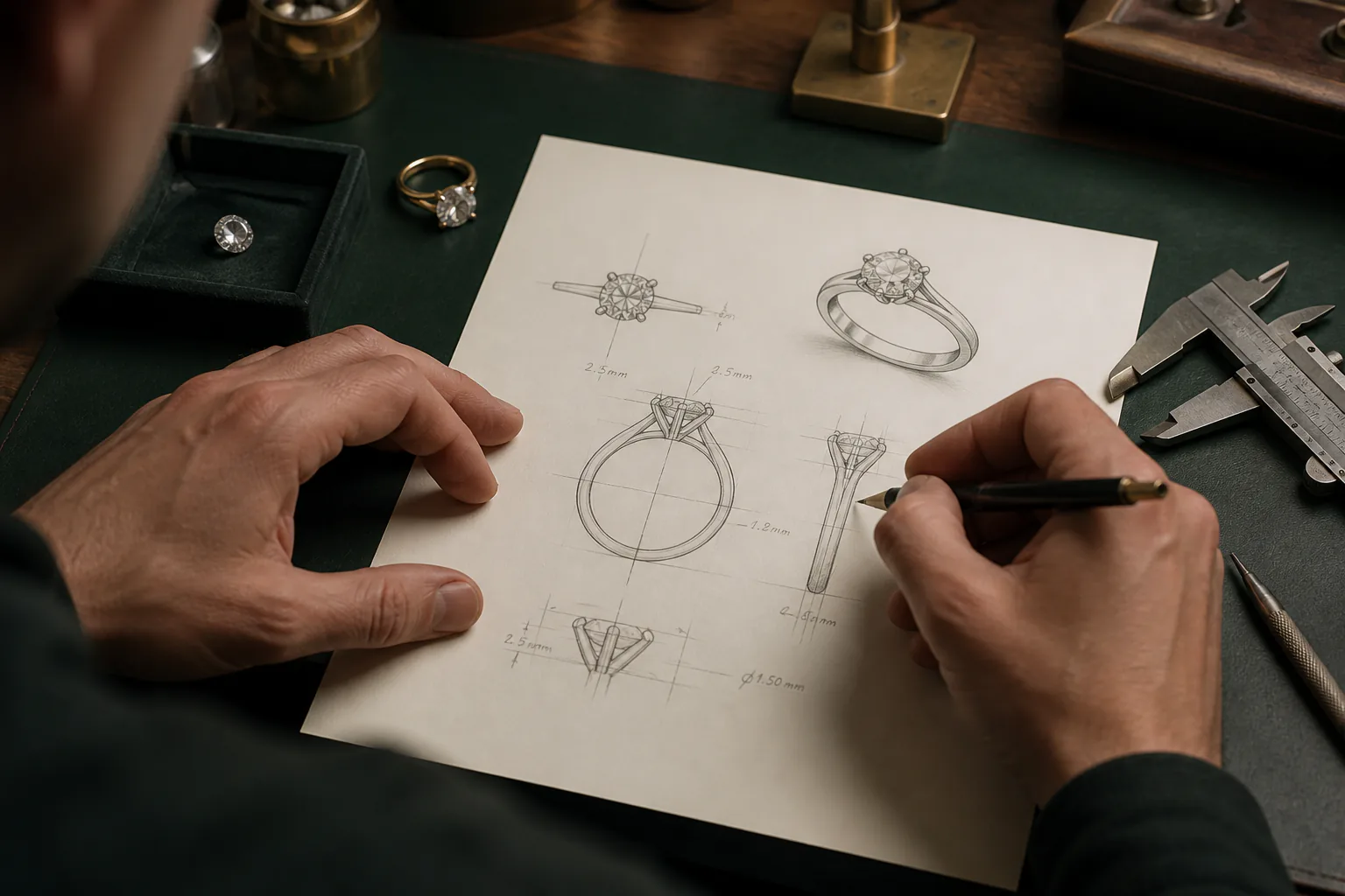 Jewelry designer developing a ring concept with precise sketches and calipers