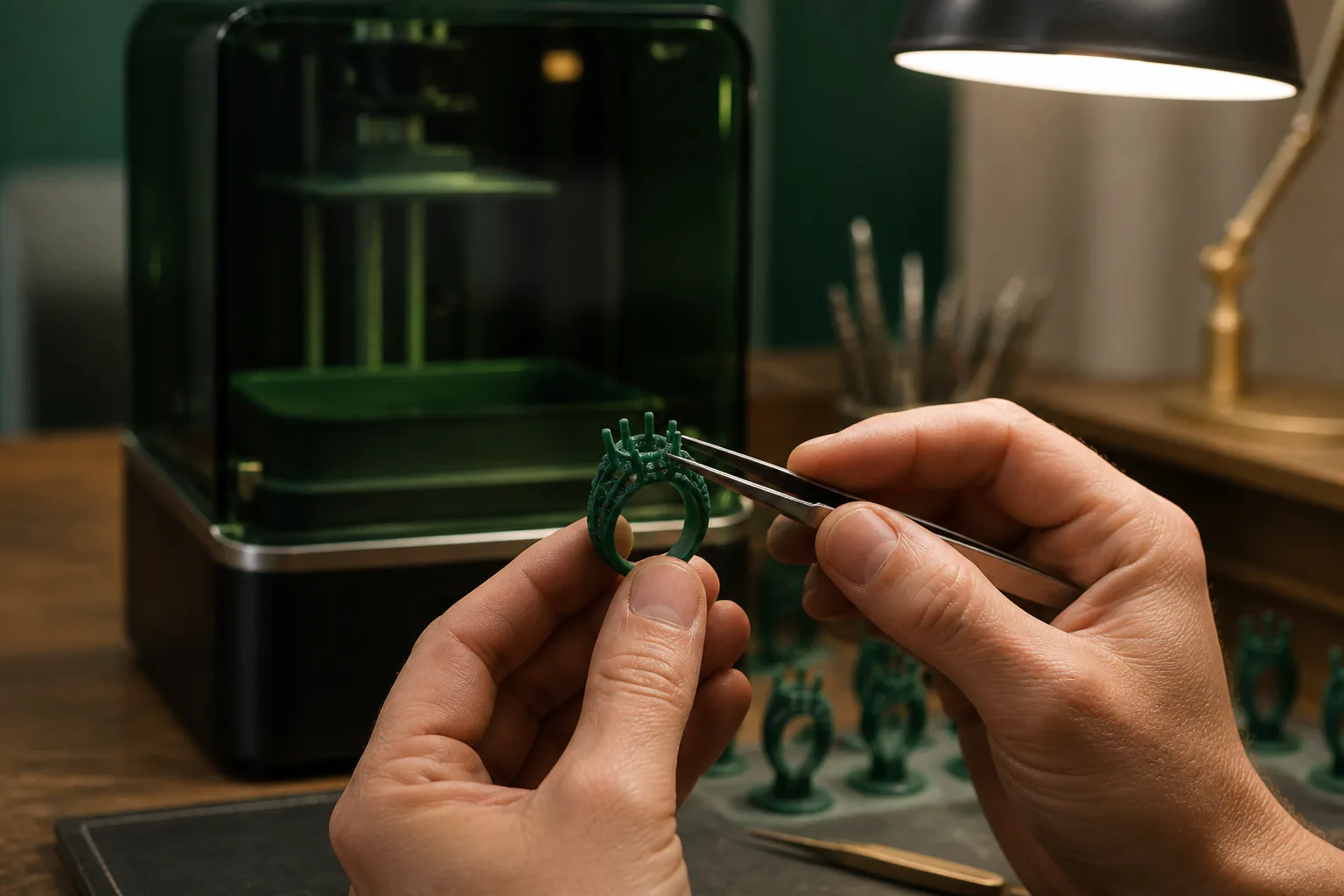 Castable wax ring model being inspected beside a jewelry resin printer