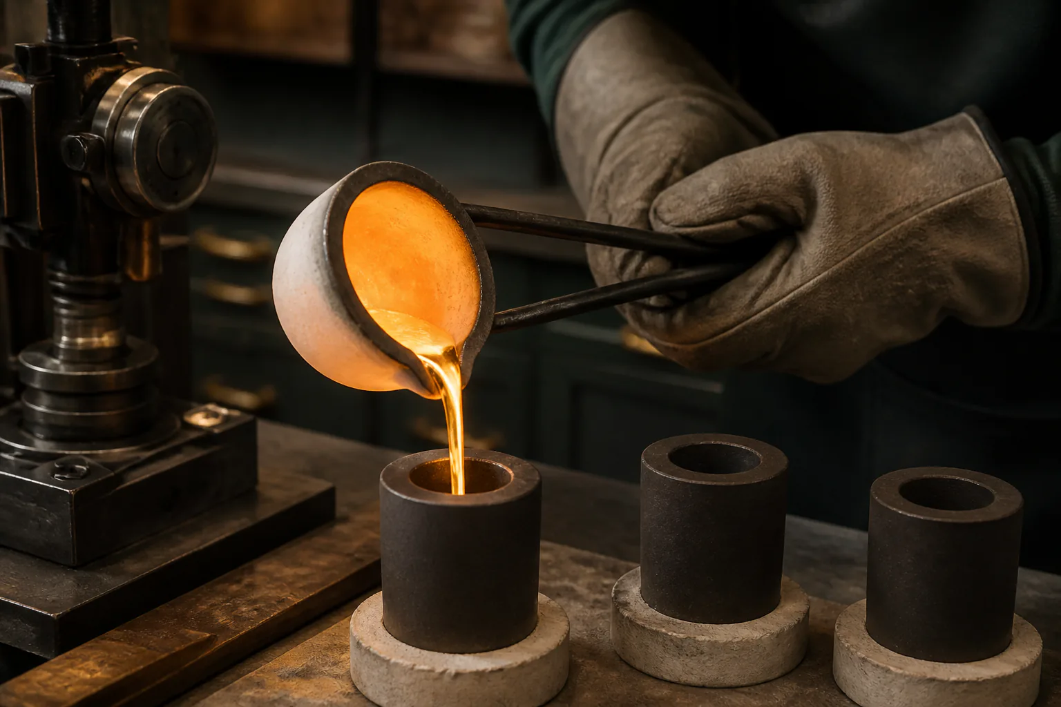 Molten precious metal being carefully poured during jewelry casting