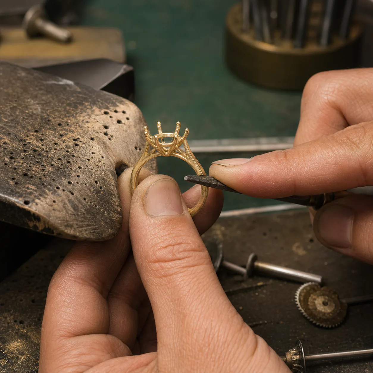 Jeweler filing and cleaning a newly cast gold ring mounting before any stones are set