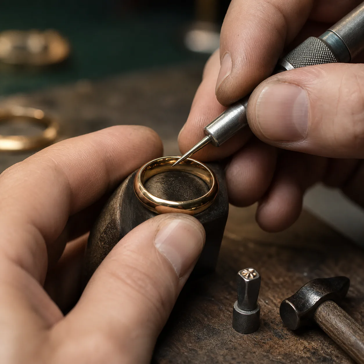 Jeweler engraving the inside of a polished gold ring with precision tools