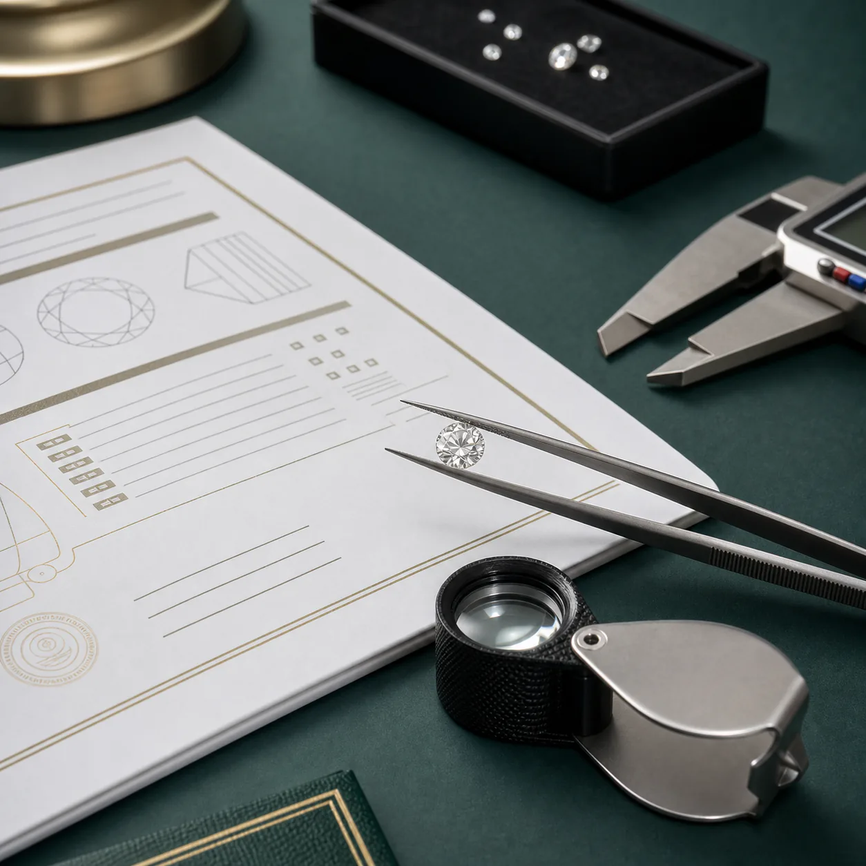 Loose diamonds and gemstones being matched and reviewed beside gemological tools