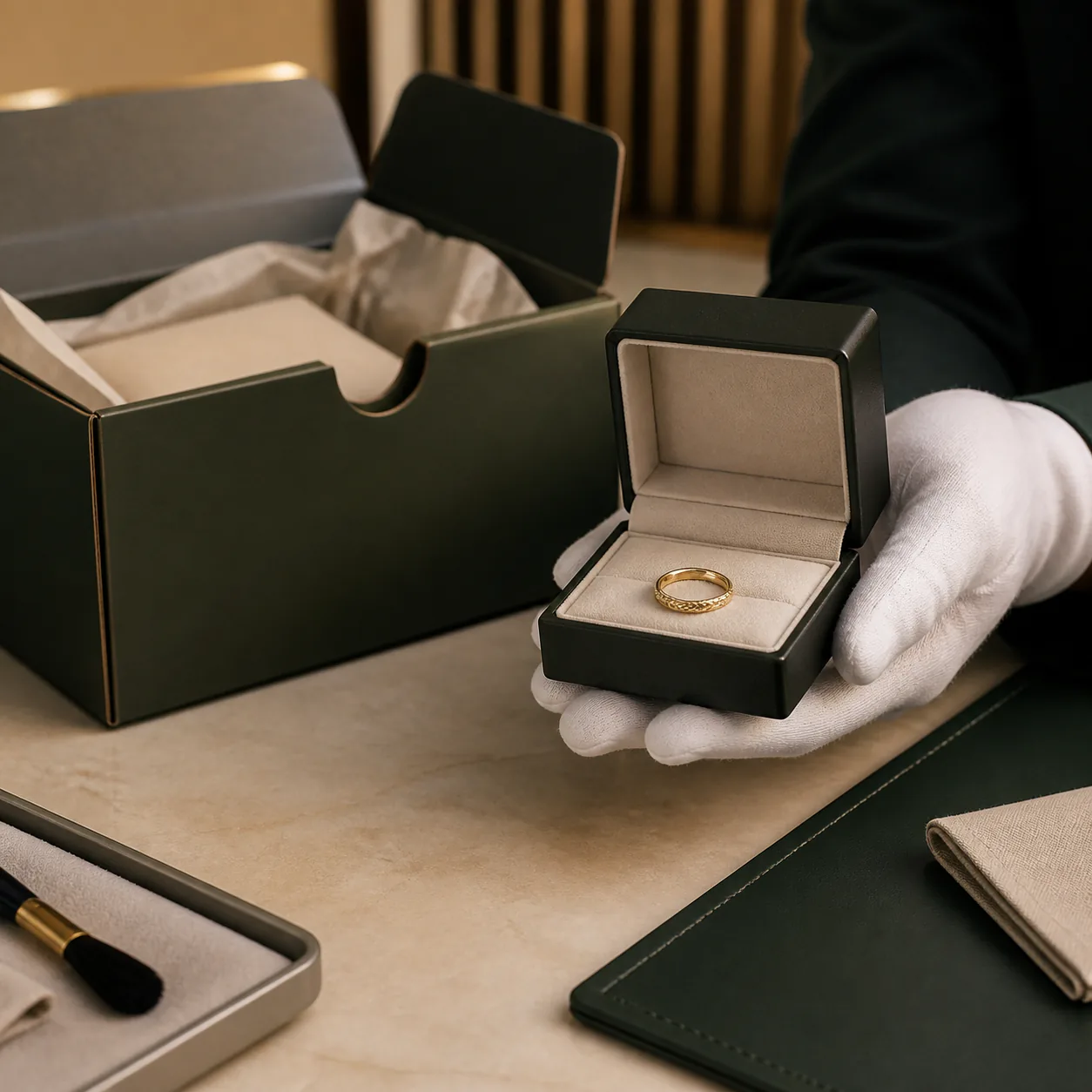 Finished gold ring protected in a jewelry box for secure shipping or careful in-person delivery