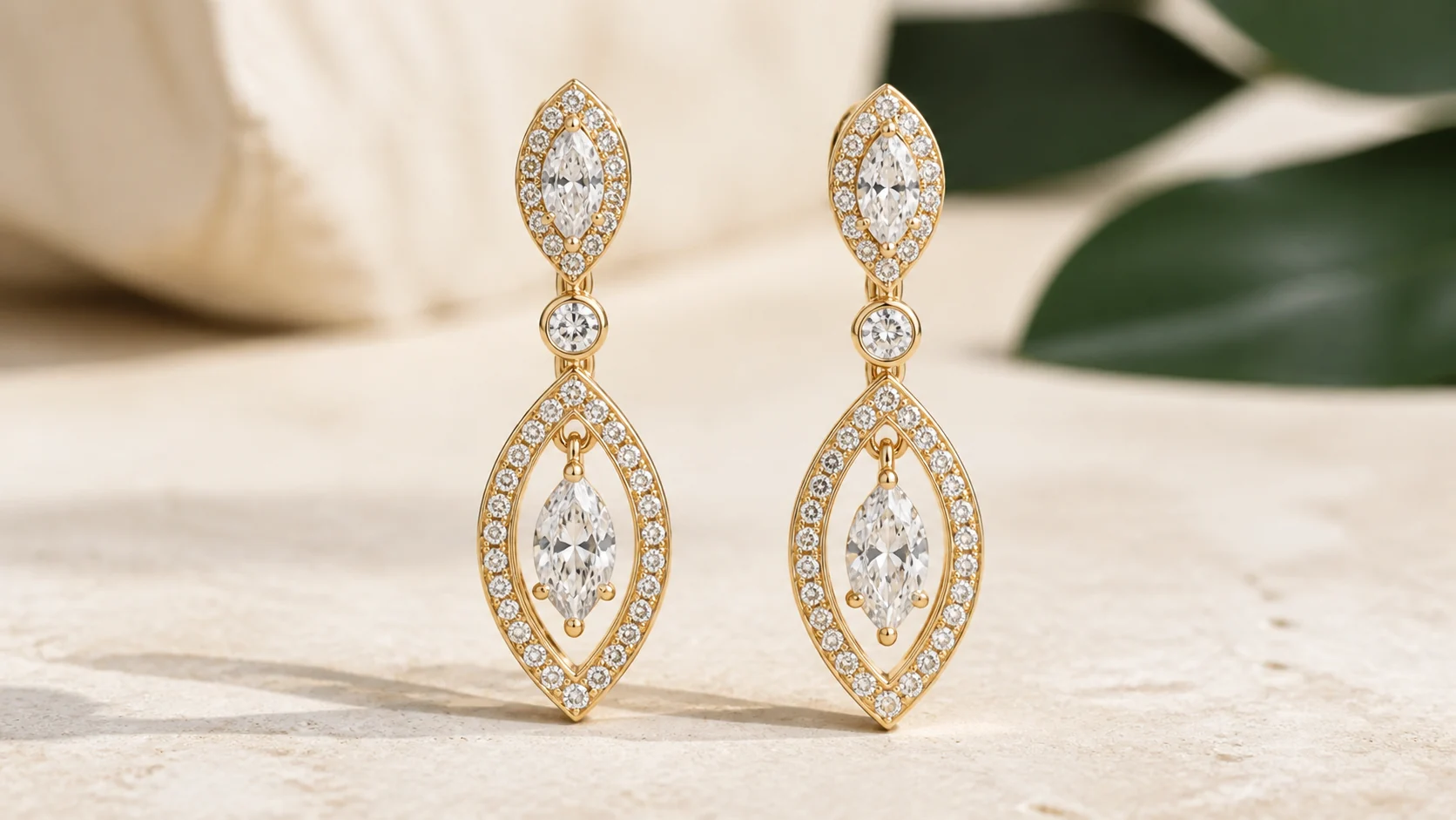 Pair of custom yellow-gold diamond drop earrings