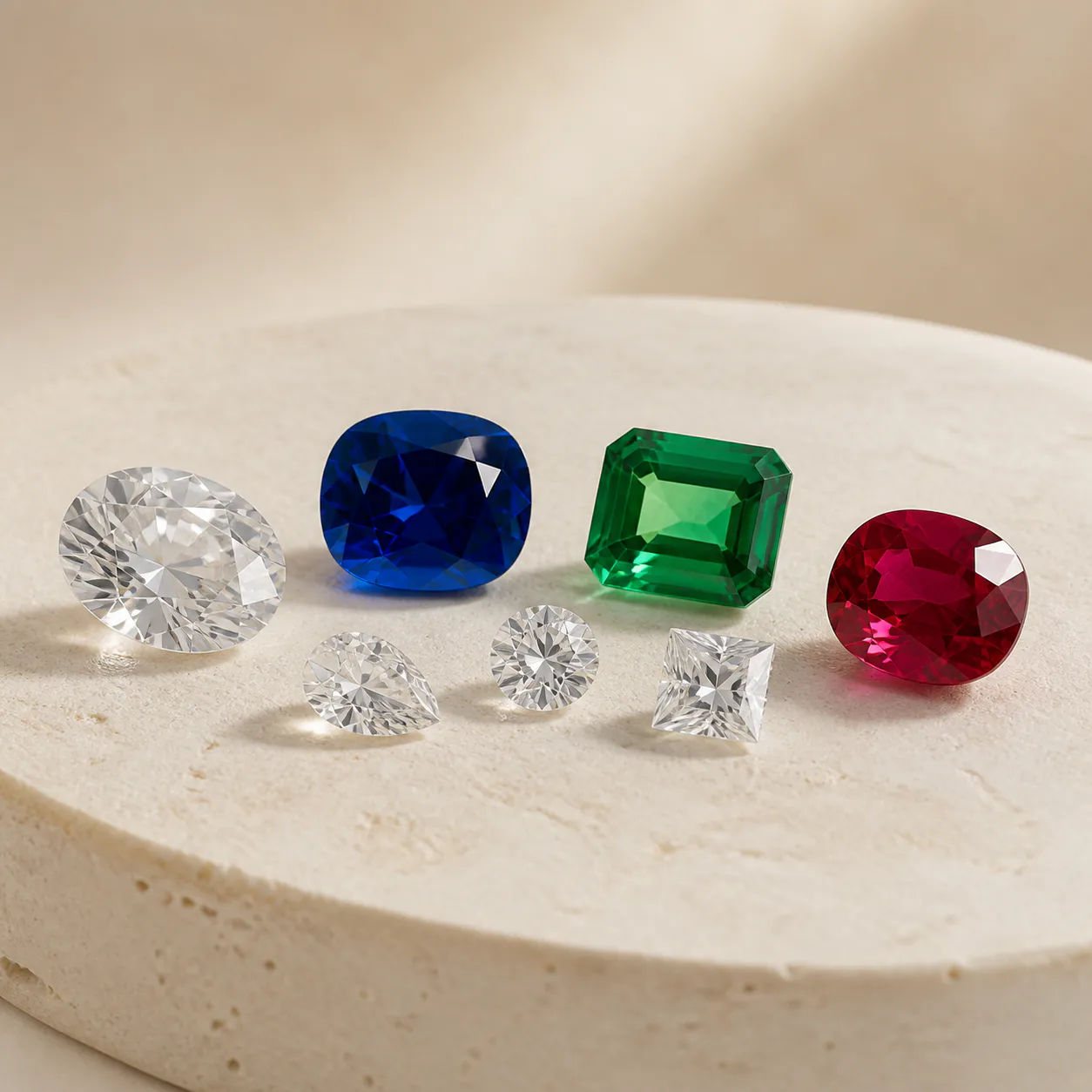 Selection of loose diamonds and colored gemstones