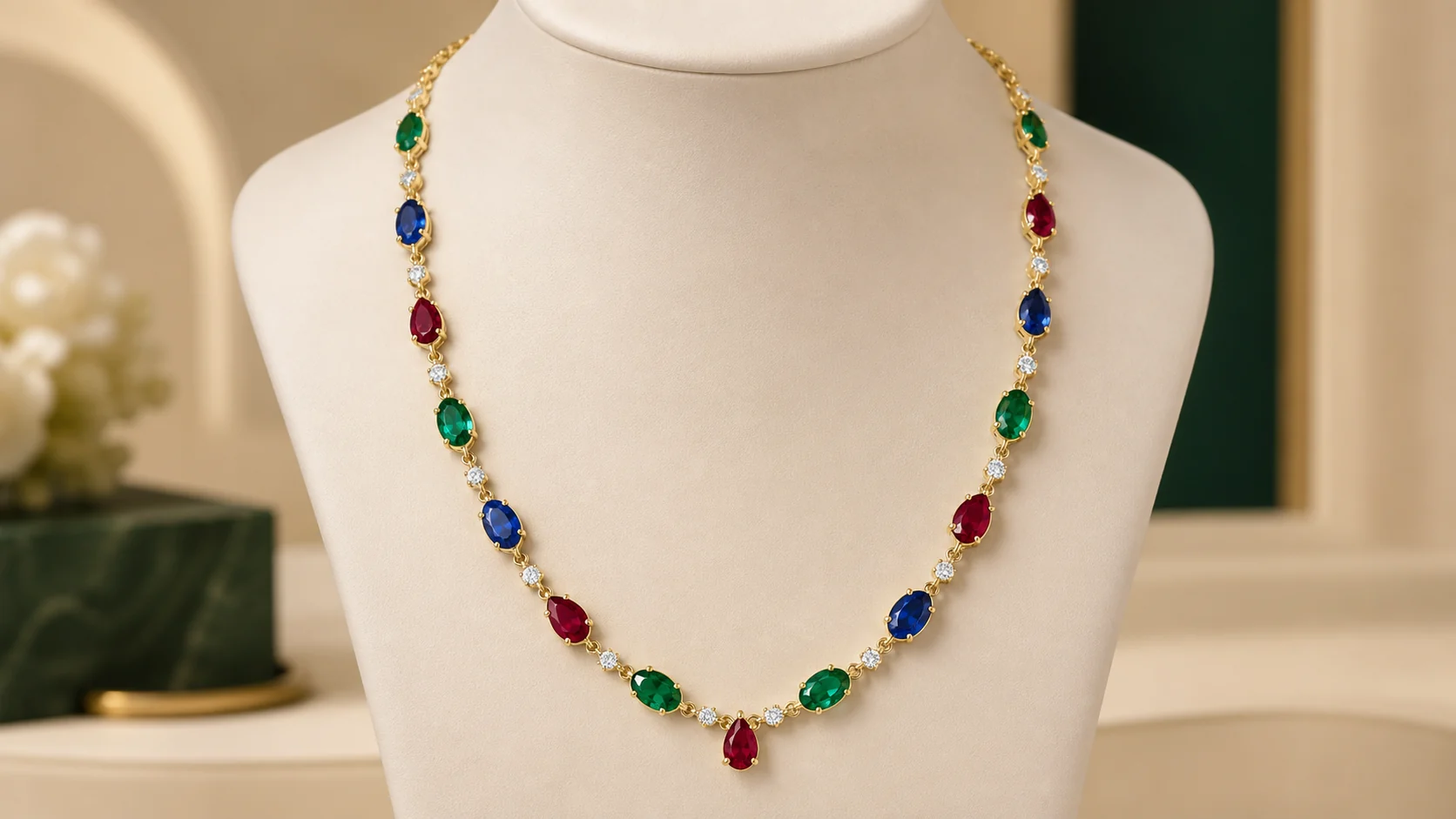 Custom yellow-gold necklace with emeralds, rubies, sapphires, and diamonds displayed on a jewelry bust