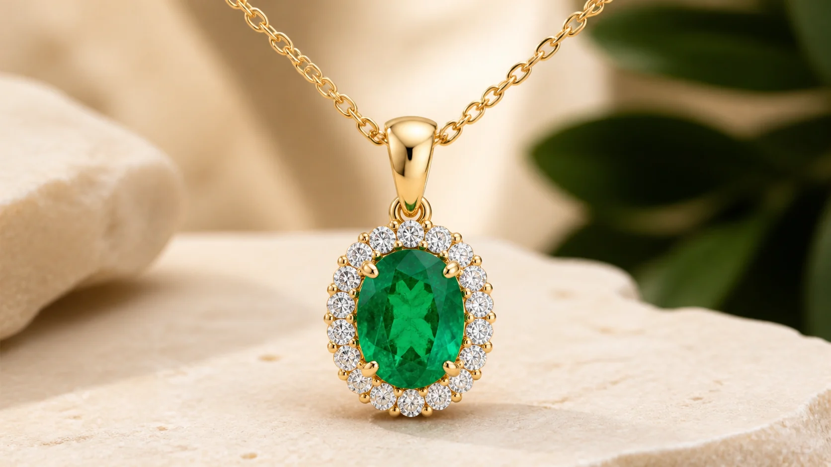 Custom yellow-gold emerald and diamond halo pendant